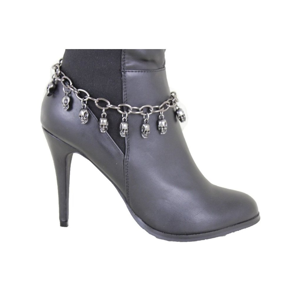 Women Metal Chain Boot Bracelet Western Shoe Charm Skeleton Skull Emo Biker Look